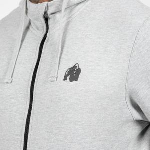 Gorilla Wear Leon Zipped Hoodie Grey – närbild av bröstlogotyp