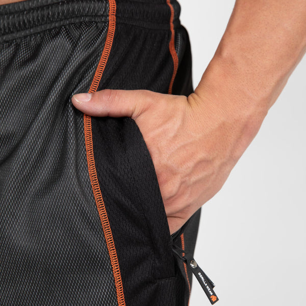 Gorilla Wear Wallace Mesh Pants Grey/Orange – närbild av ficka och sidostrimma