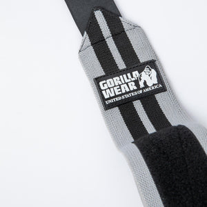 Gorilla Wear GW Knee Wraps Grey/Black 2 m – närbild av knälindans etikett