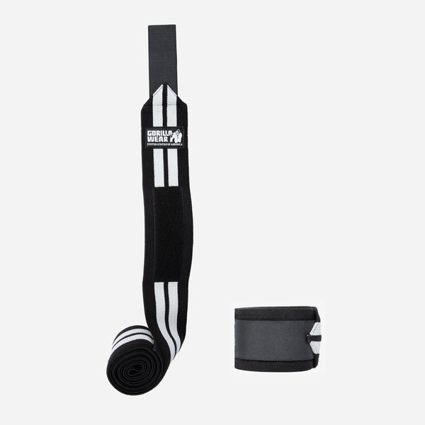 Gorilla Wear Knee Wraps Black/White 2,5 m – knälinda utsträckt och ihoprullad