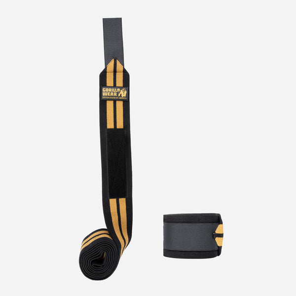 Gorilla Wear Knee Wraps Black/Gold 2,5 m – knälinda utsträckt och ihoprullad