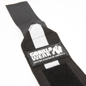 Gorilla Wear Wrist Wraps Ultra Black/White – närbild av wrist wrap-logotyp