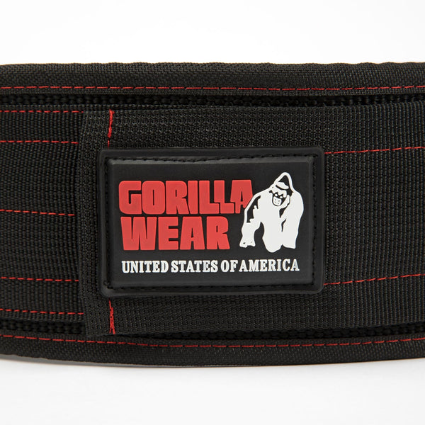 Gorilla Wear 4 Inch Nylon Belt Black/Red – närbild av logotyp