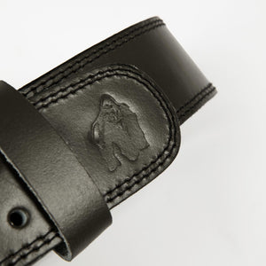Gorilla Wear 4 Inch Padded Leather Belt Army Green – närbild av logotyp och läder