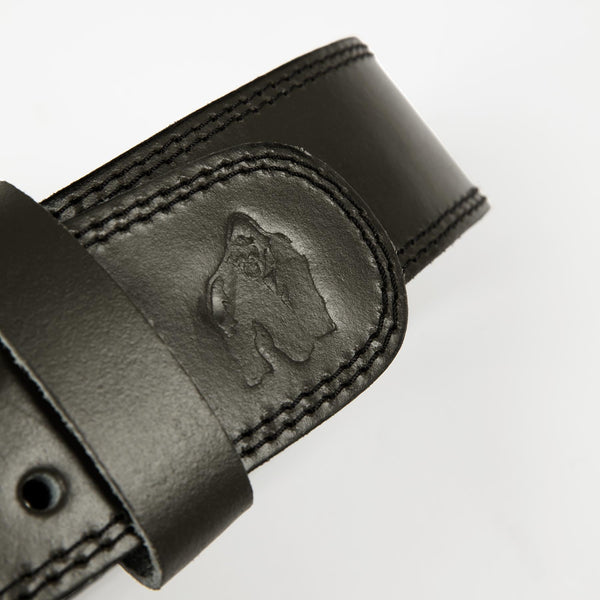 Gorilla Wear 4 Inch Padded Leather Belt Army Green – närbild av logotyp och läder