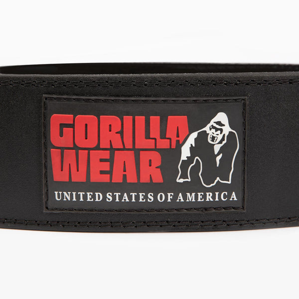 Gorilla Wear 4 Inch Padded Leather Belt Black/Red – närbild av logotyp