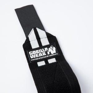 Gorilla Wear Wrist Wraps Pro black/white – närbild av wrist wrap-logotyp