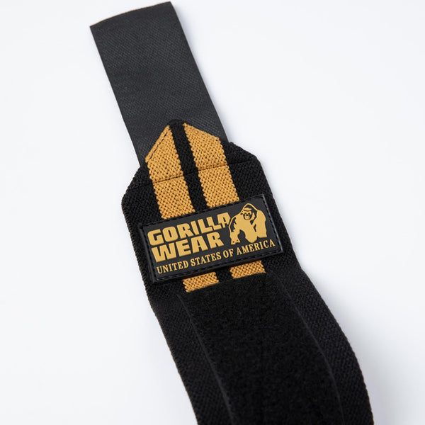 Gorilla Wear Wrist Wraps Pro Black/Gold – närbild av wrist wrap-logotyp