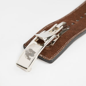 Gorilla Wear 4 Inch Powerlifting Lever Belt Brown – närbild av låsmekanism