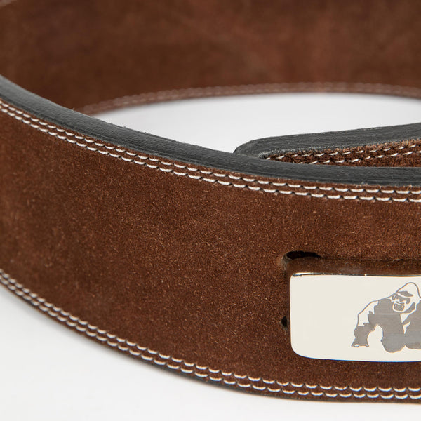 Gorilla Wear 4 Inch Powerlifting Lever Belt Brown – närbild av insida och material