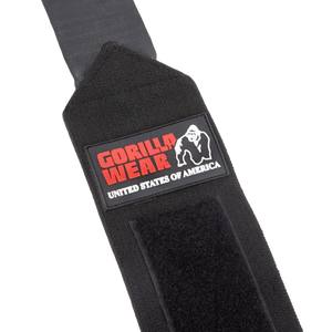 Gorilla Wear Wrist Wraps Ultra Black – närbild av wrist wrap-logotyp
