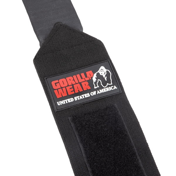 Gorilla Wear Wrist Wraps Ultra Black – närbild av wrist wrap-logotyp