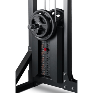 Master Fitness Lat-Row LX28 – närbild av viktmagasin och kabelsystem