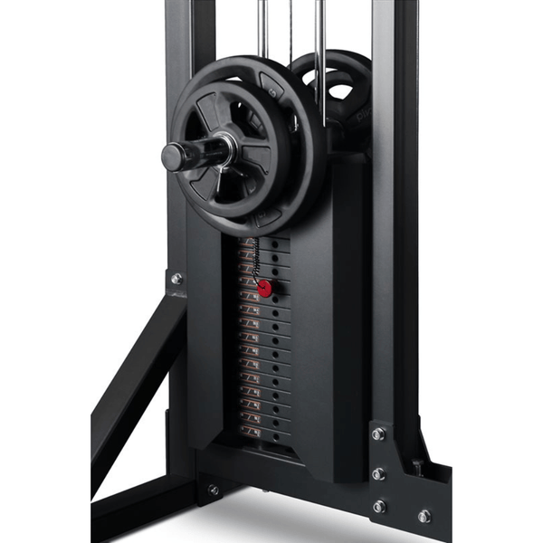 Master Fitness Lat-Row LX28 – närbild av viktmagasin och kabelsystem