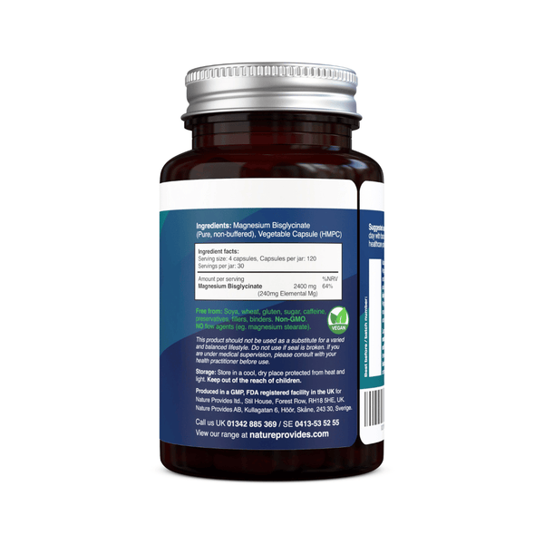 Nature Provides Magnesium Glycinate 120 kapslar – Glycinate-burk med näringsinformation