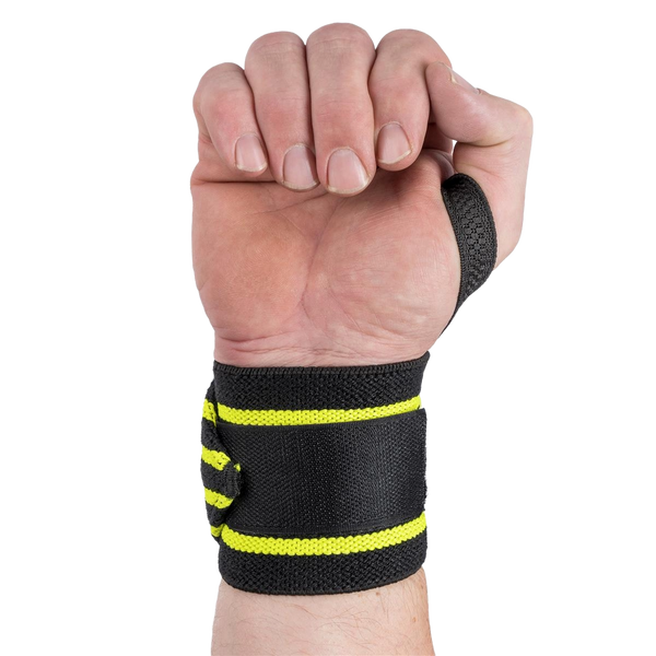 C.P. Sports Wrist Wraps Black/Yellow 30 cm – handledslinda sedd från handflatan