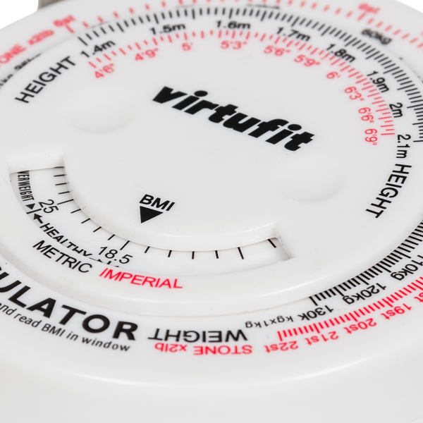 Virtufit Måttband med BMI-skala 150 cm – närbild av BMI-kalkylator