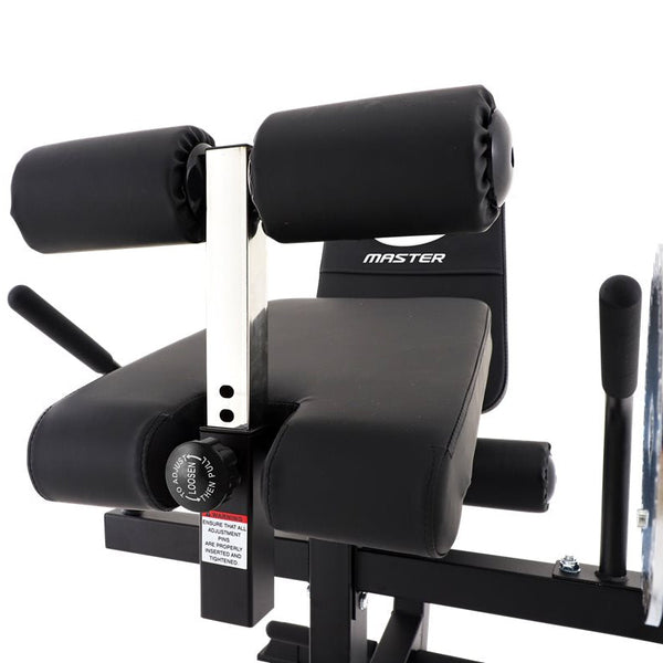 Master Fitness BX25 Ben & Bål Träningsmaskin – närbild av sits och benrullar