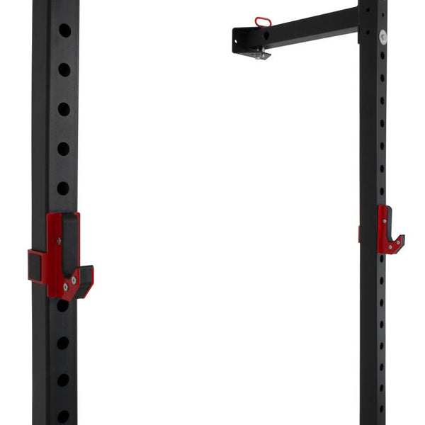 Master Fitness Fällbart Rack Svart – närbild av rackets höjdjustering och säkerhetskrok