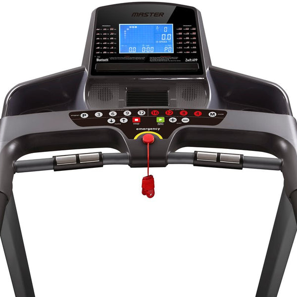 Master Fitness T25 Zwift – närbild av löpbandets display och handtag