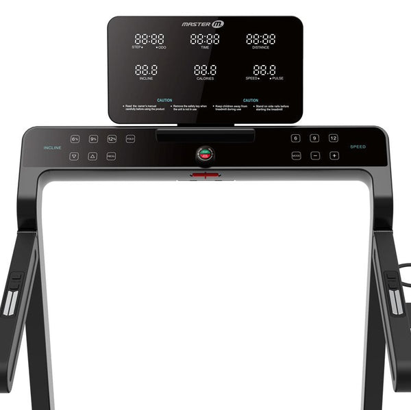 Master Fitness Slimline TX2 Löpband – löpbandets display och handtag framifrån