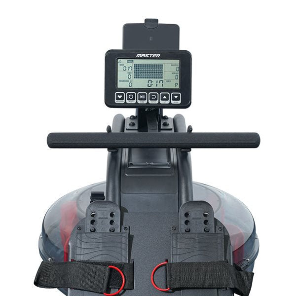 Master Fitness Roddmaskin R6025 – närbild av fotstöd och display