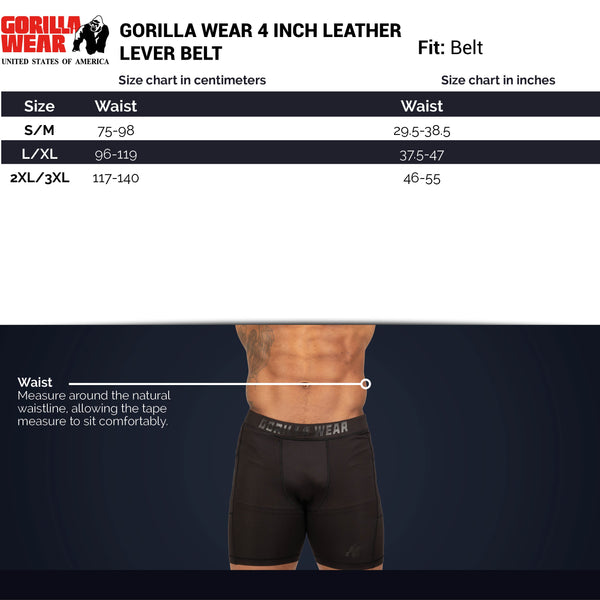 Gorilla Wear 4 Inch Powerlifting Lever Belt Black – storleksguide