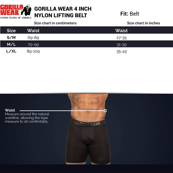 Gorilla Wear 4 Inch Nylon Belt Black/Gold – storleksguide